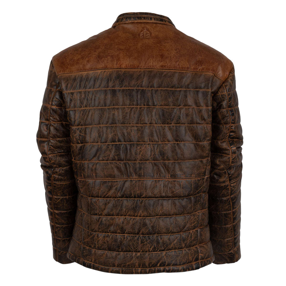 Back of a brown men's Clyde leather puffer jacket with a full-grain leather exterior.