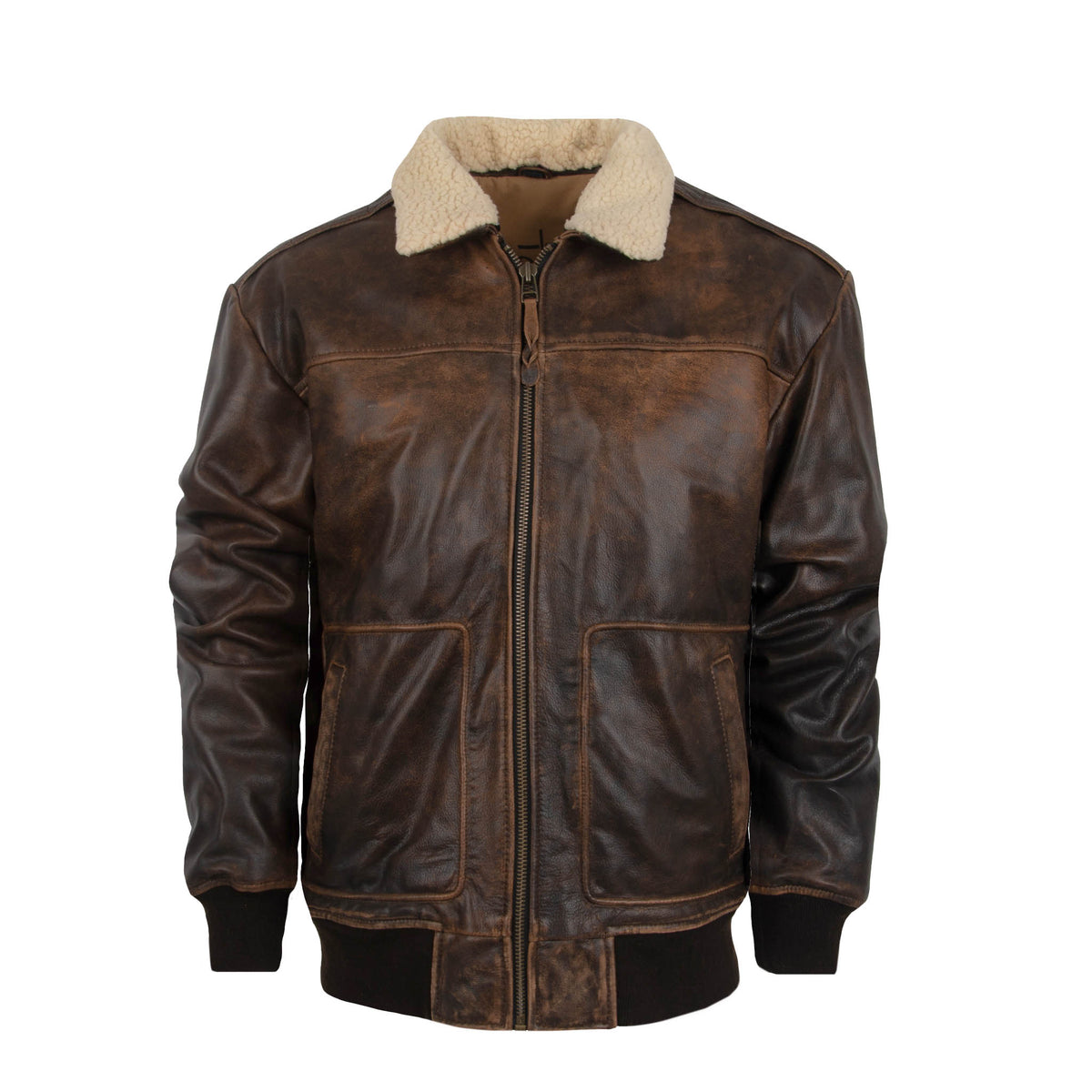 Youth vintage bomber jacket in brown with a zip front closure, removable sherpa collar, ribbed cuffs and waist, and multiple pockets.