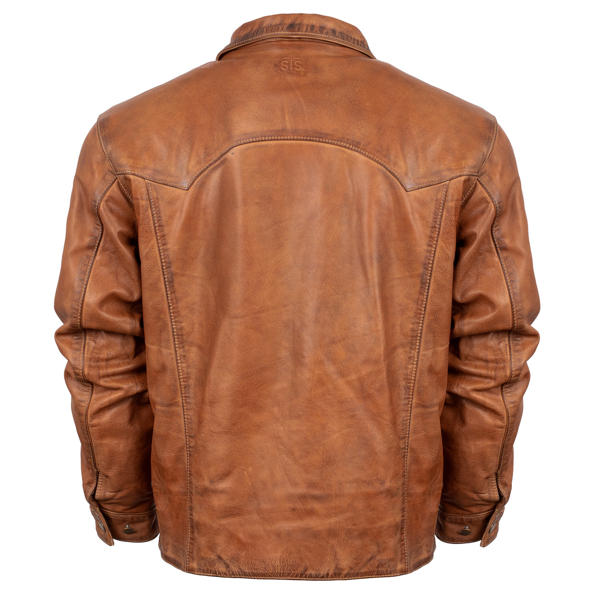 back of a brown full grain zip and button front closure with slip hand pockets and chest pockets on white background 
