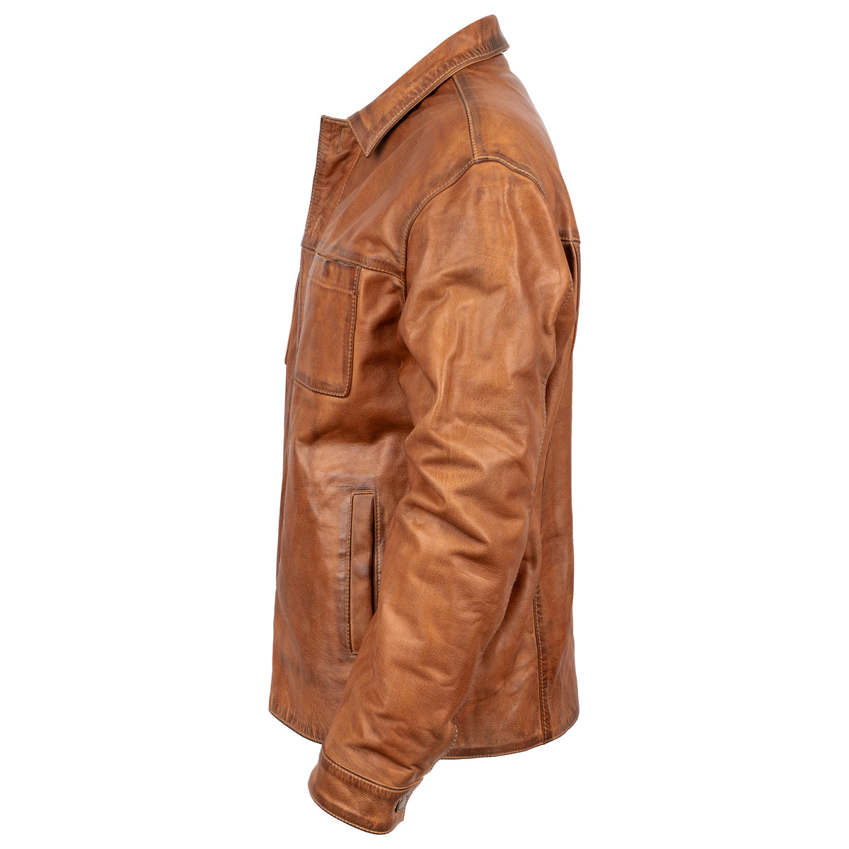 side view of our brown full grain zip and button front closure with slip hand pockets and chest pockets on white background 