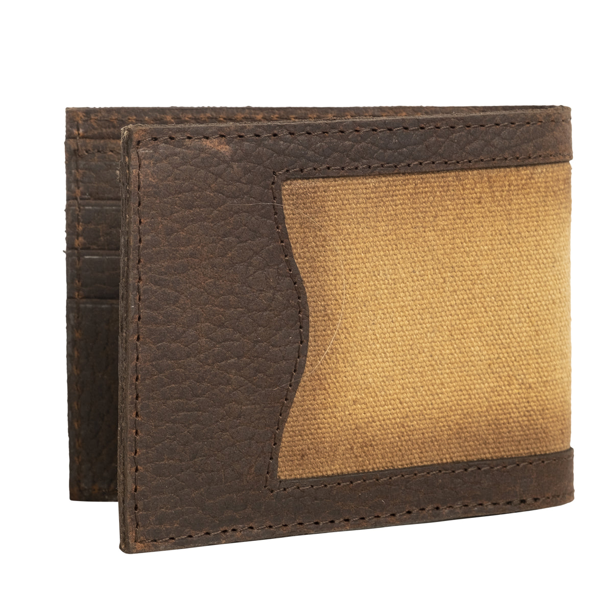 A bifold wallet with a combination of tan canvas and chestnut buffalo leather displayed on a white background.