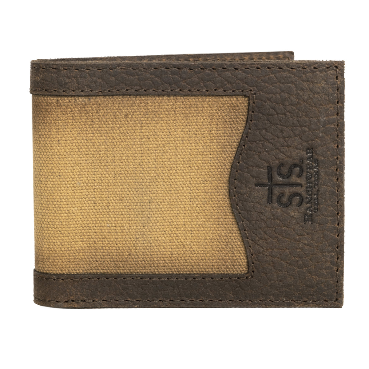 A bifold wallet with a combination of tan canvas and chestnut buffalo leather, featuring the STS Ranchwear logo.