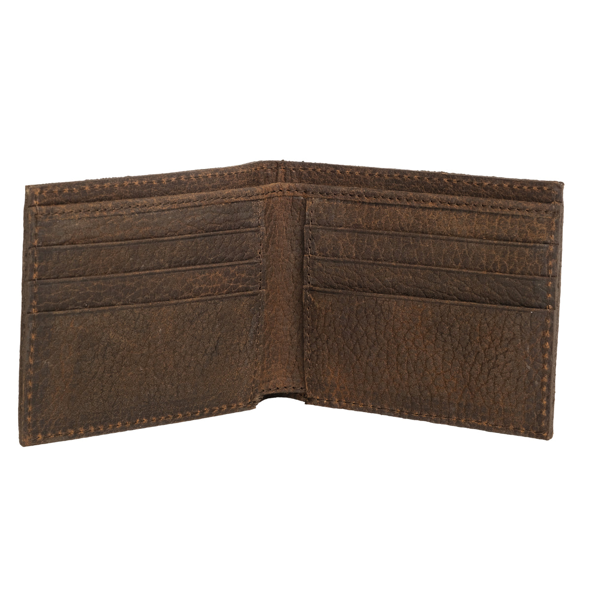 Inside of bifold wallet with genuine leather lining and card slots displayed on a white background.