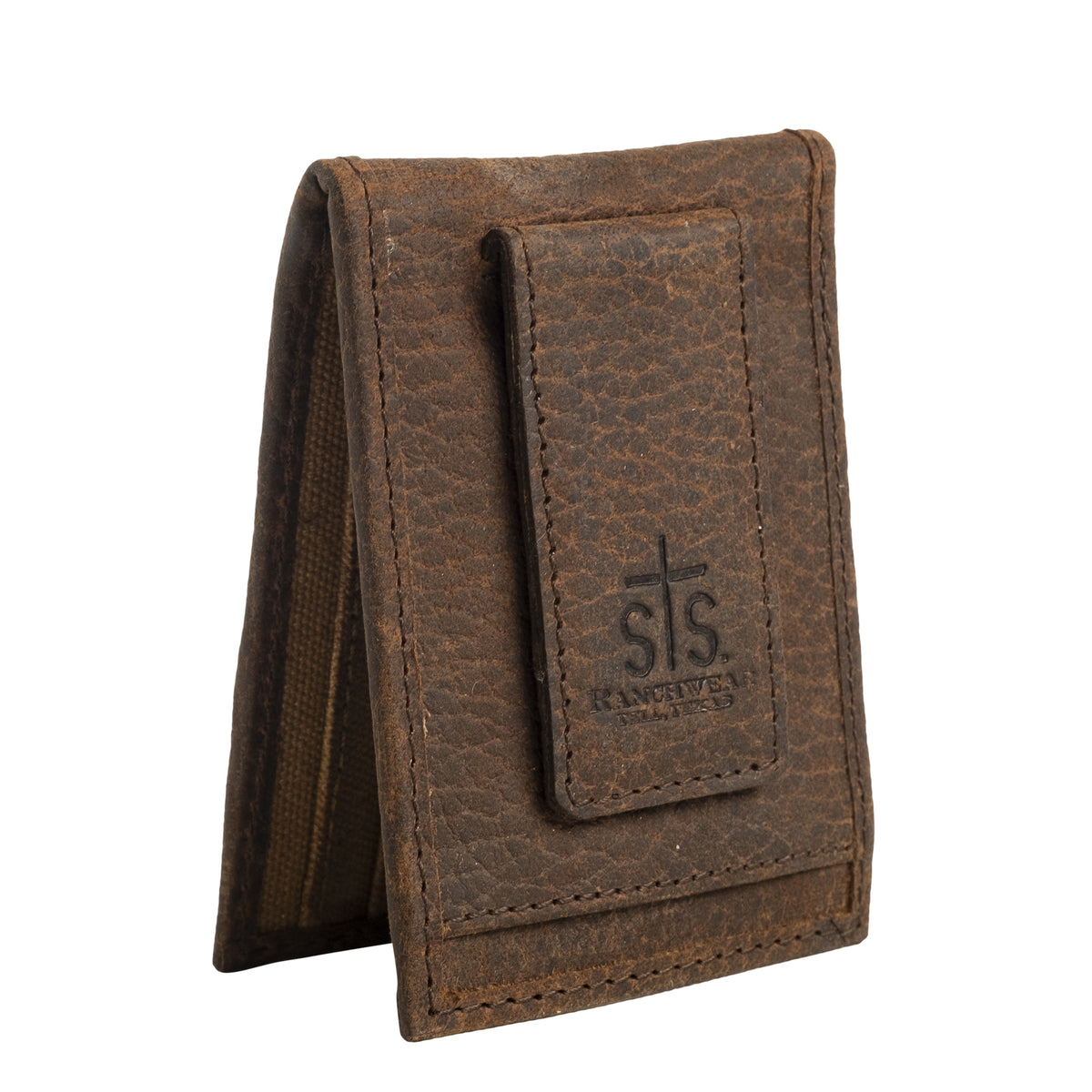 A folded brown money clip with canvas and leather construction, featuring STS Ranchwear embossed logo on money clip.