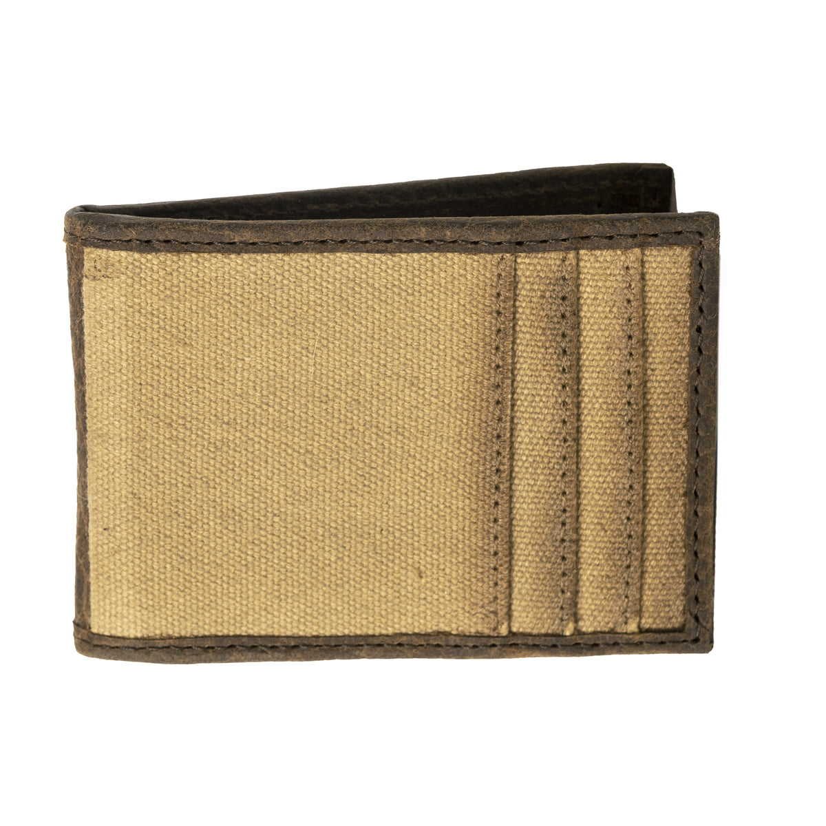 A folded beige and brown money clip with canvas and leather construction, featuring several card slots.