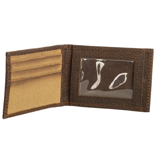 Inside a beige and brown money clip with canvas and leather construction, featuring an ID slot and card slots.
