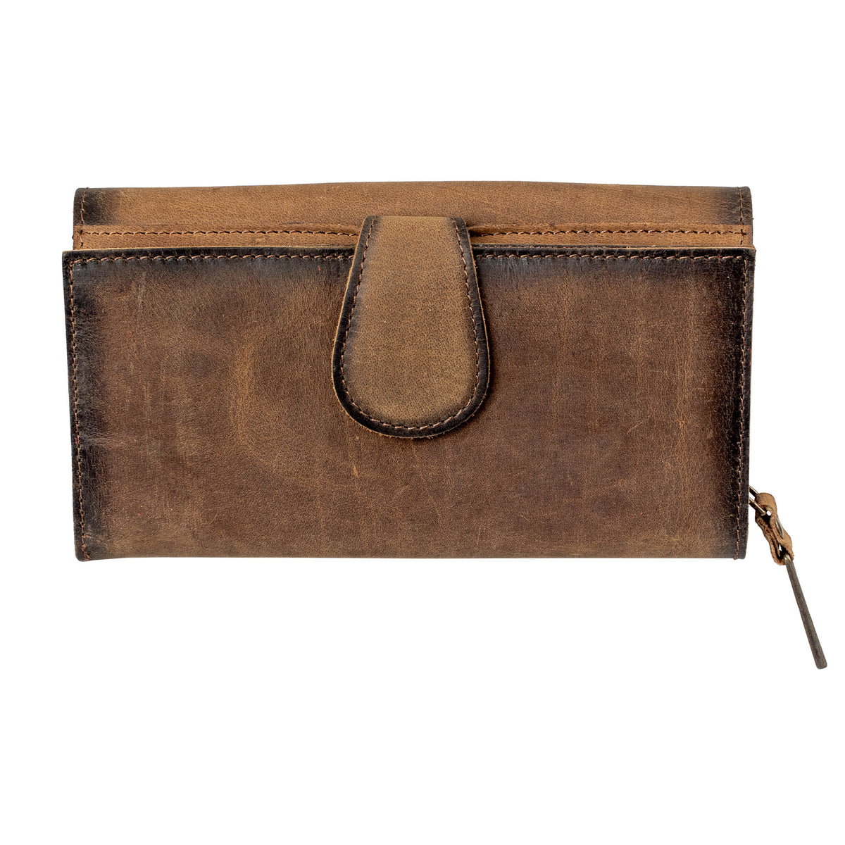 Brown leather trifold wallet with leather flap closure on a white background.
