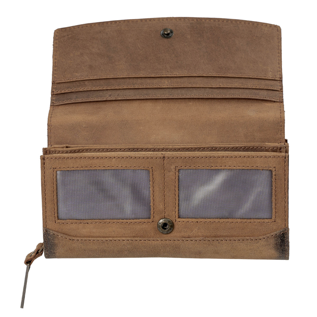 Inside of brown leather wallet with ID slots, card slots and cash slips on a white background.