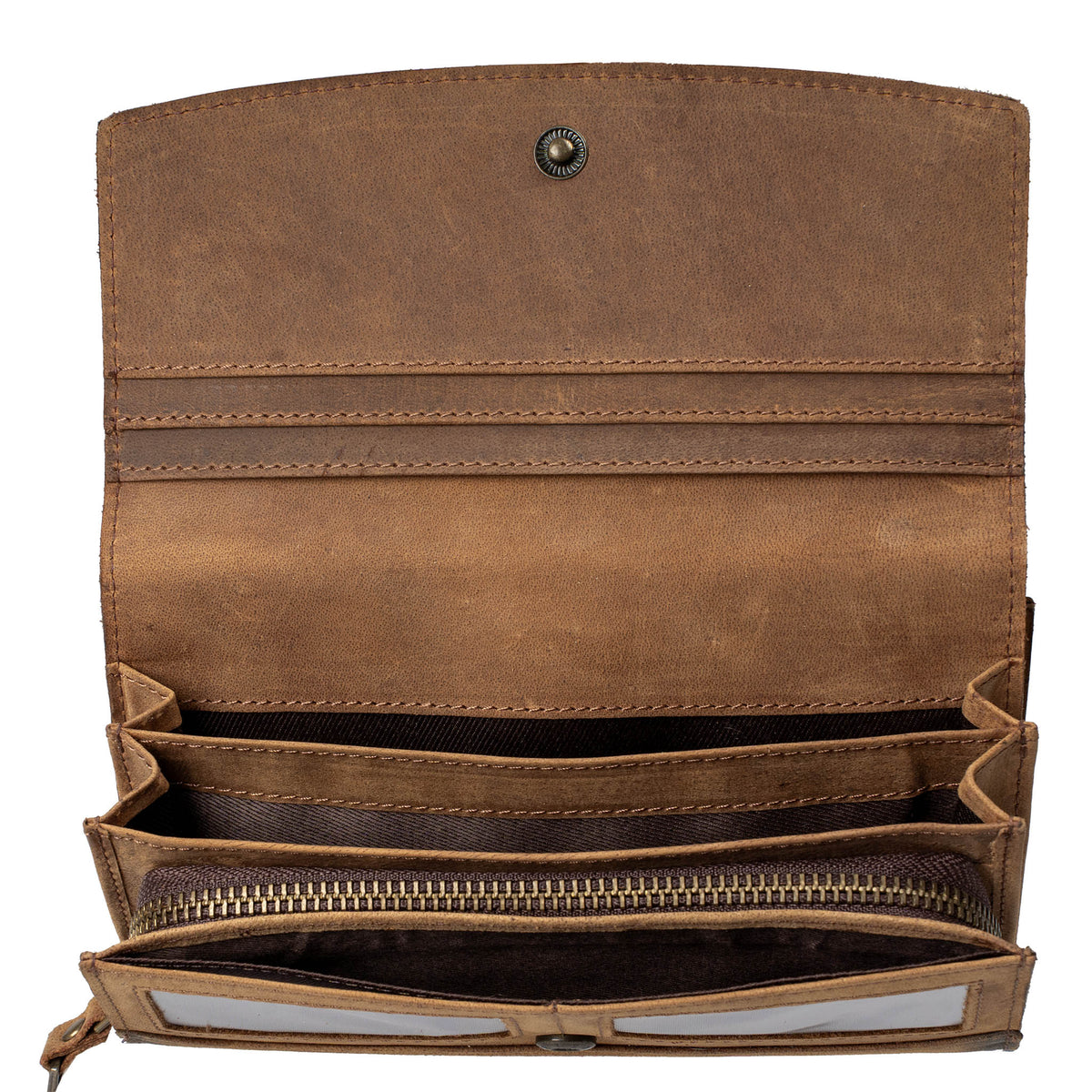 Inside of brown leather wallet with ID slots, card slots and cash slips on a white background.