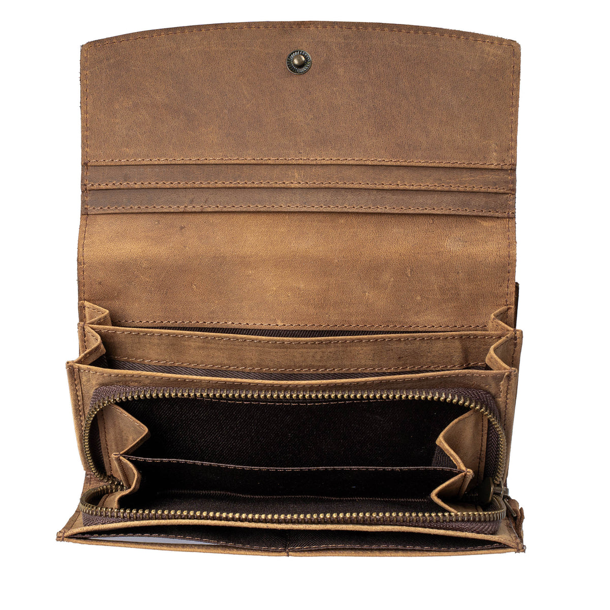 Inside of brown leather wallet with ID slots, card slots and cash slips on a white background.