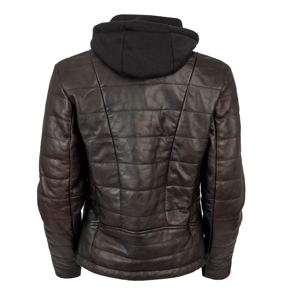 Back of a black leather jacket with a removable sweatshirt hood.