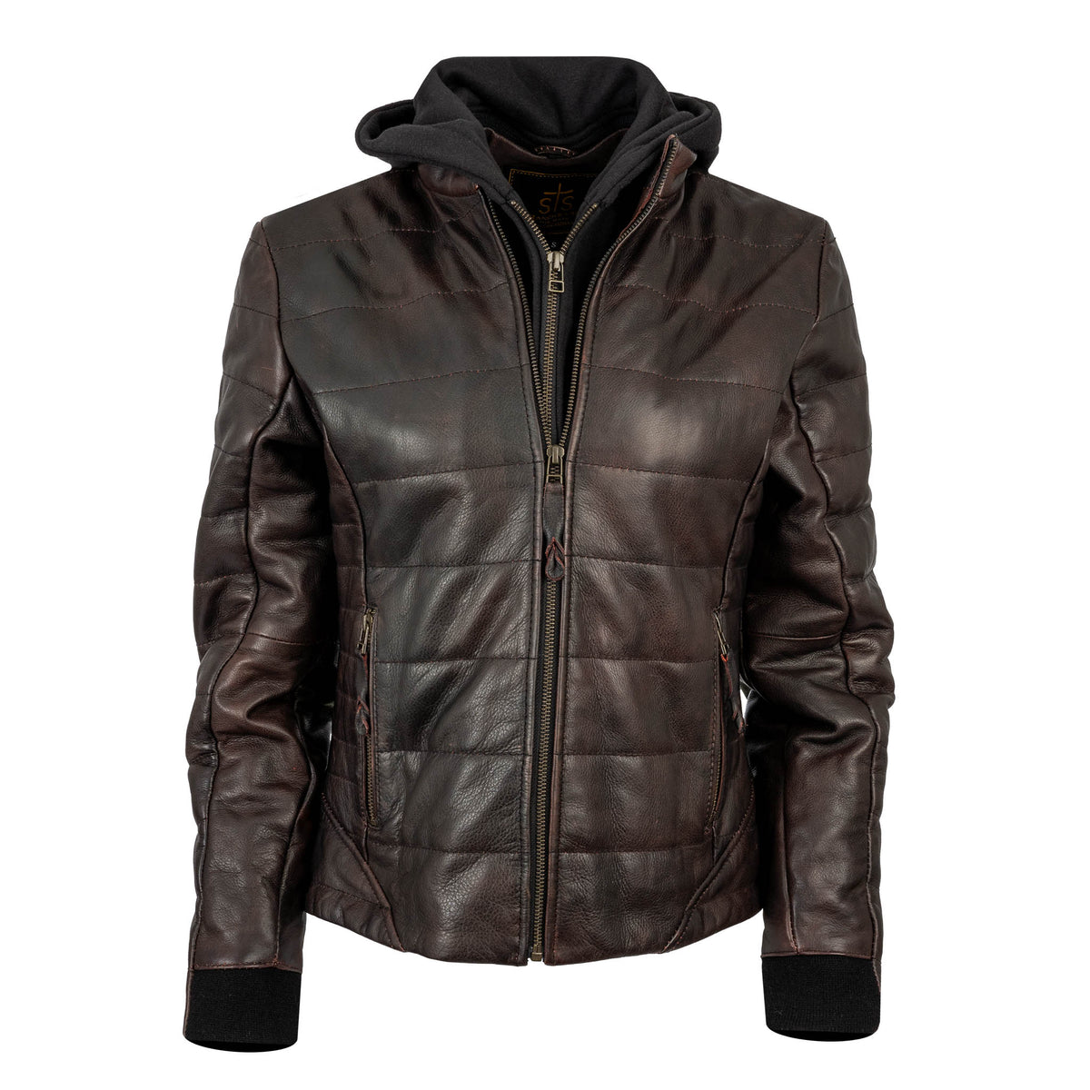 Black genuine leather jacket with zip front closure, ribbed cuffs and removable sweatshirt hood.