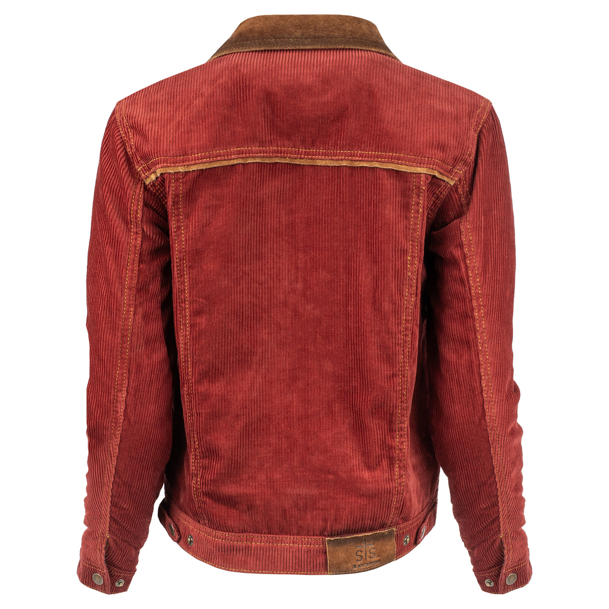 back of our red cotton corduroy snap closure jacket with two chest pockets and leather collar details on white background