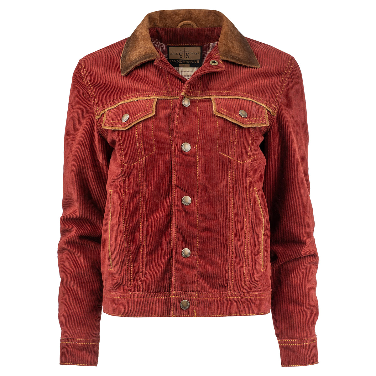 red cotton corduroy snap closure jacket with two chest pockets and leather collar details on white background
