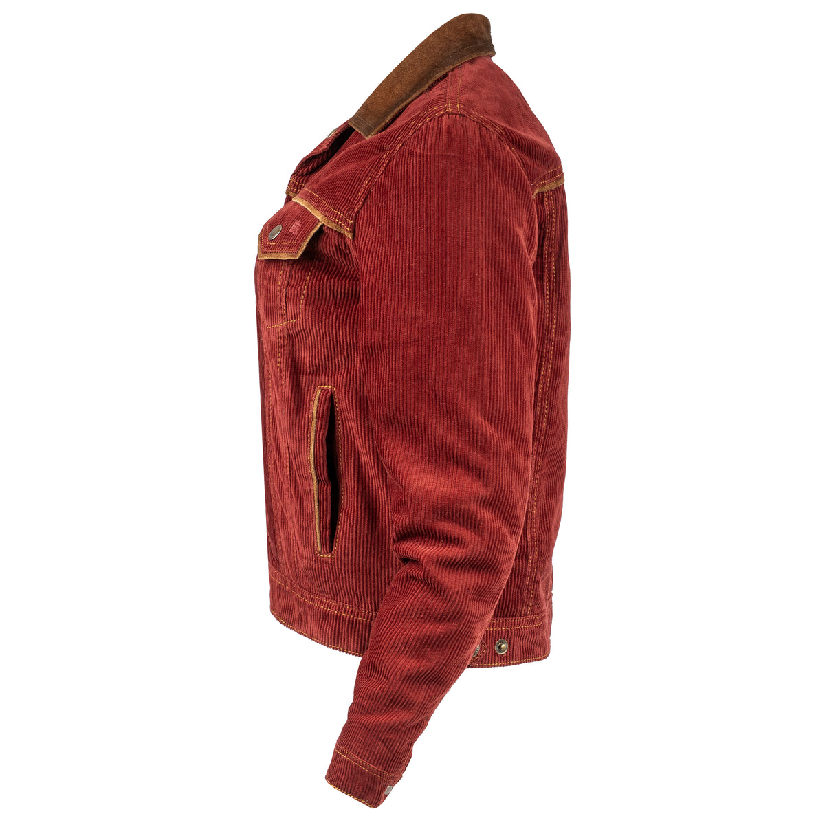 side view of our red cotton corduroy snap closure jacket with two chest pockets and leather collar details on white background