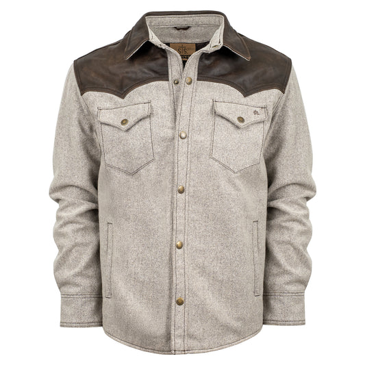 gray men's wool jacket with leather accents and snap closure on white background