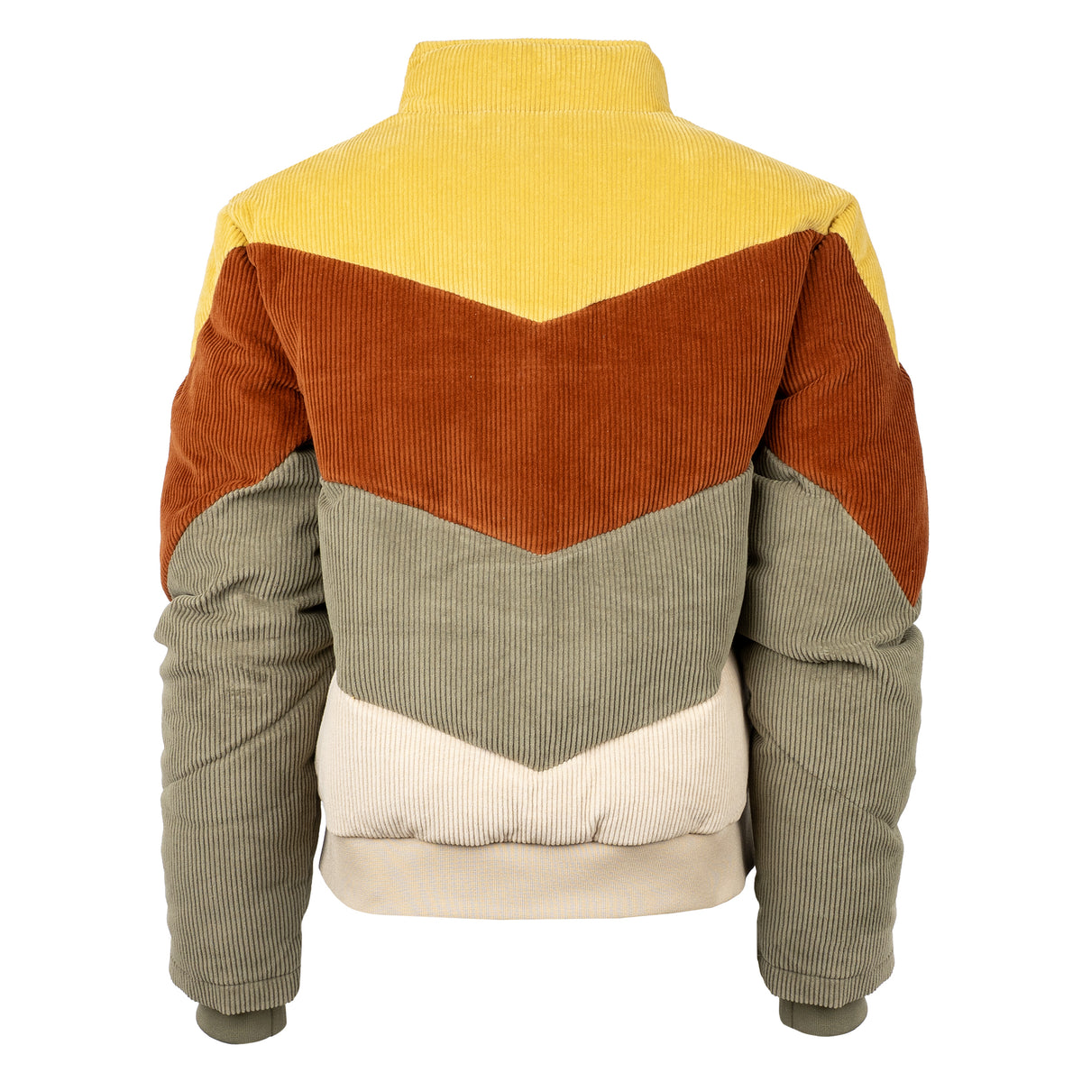 back of our cotton color block bomber with zip and button closure on white background