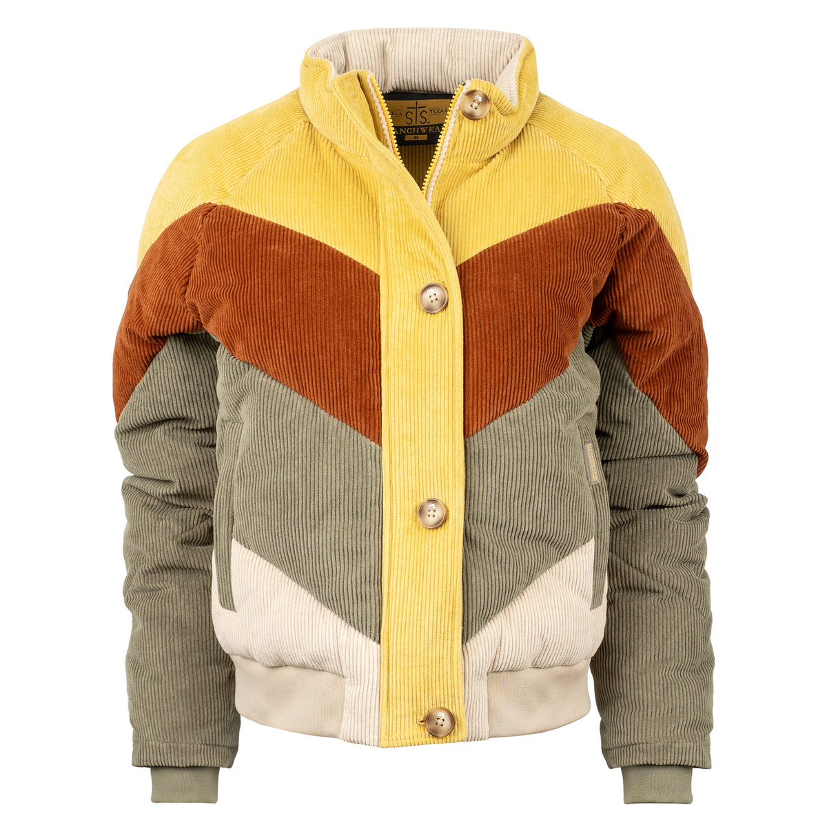 cotton color block bomber with zip and button closure on white background