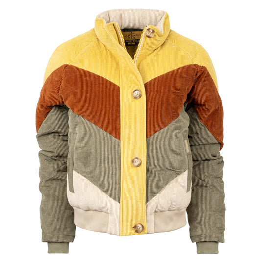 cotton color block bomber with zip and button closure on white background