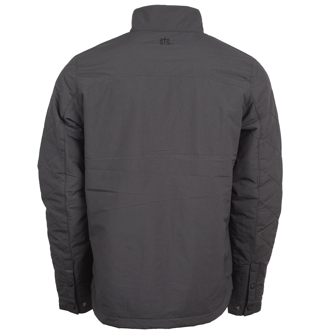 Back of a men's lightweight quilted poly field jacket with STS logo on neckline and adjustable snap cuffs on the wrists on a white background.