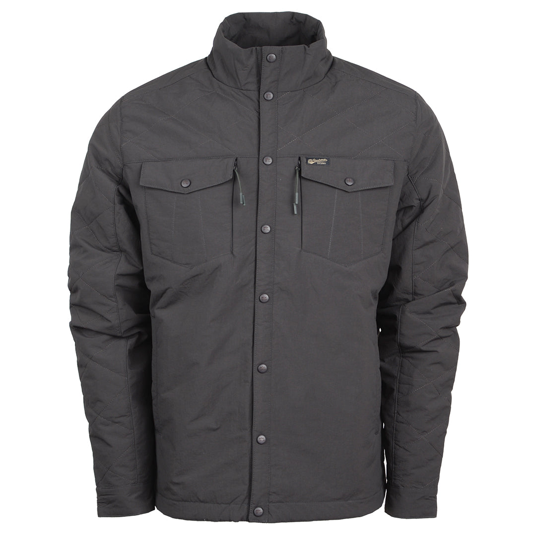 A men's lightweight quilted poly field jacket with snap front closure, multiple exterior pockets, and snap cuffs on a white background.