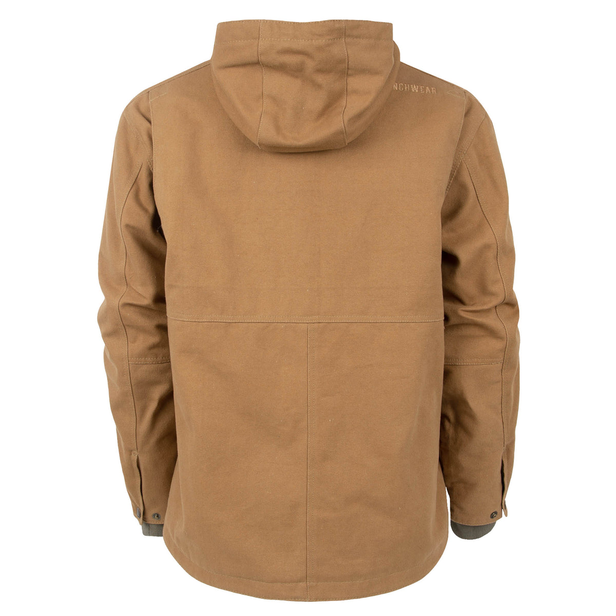 Back of a beige, hooded, fleece-lined men's canvas work jacket with snap cuffs.