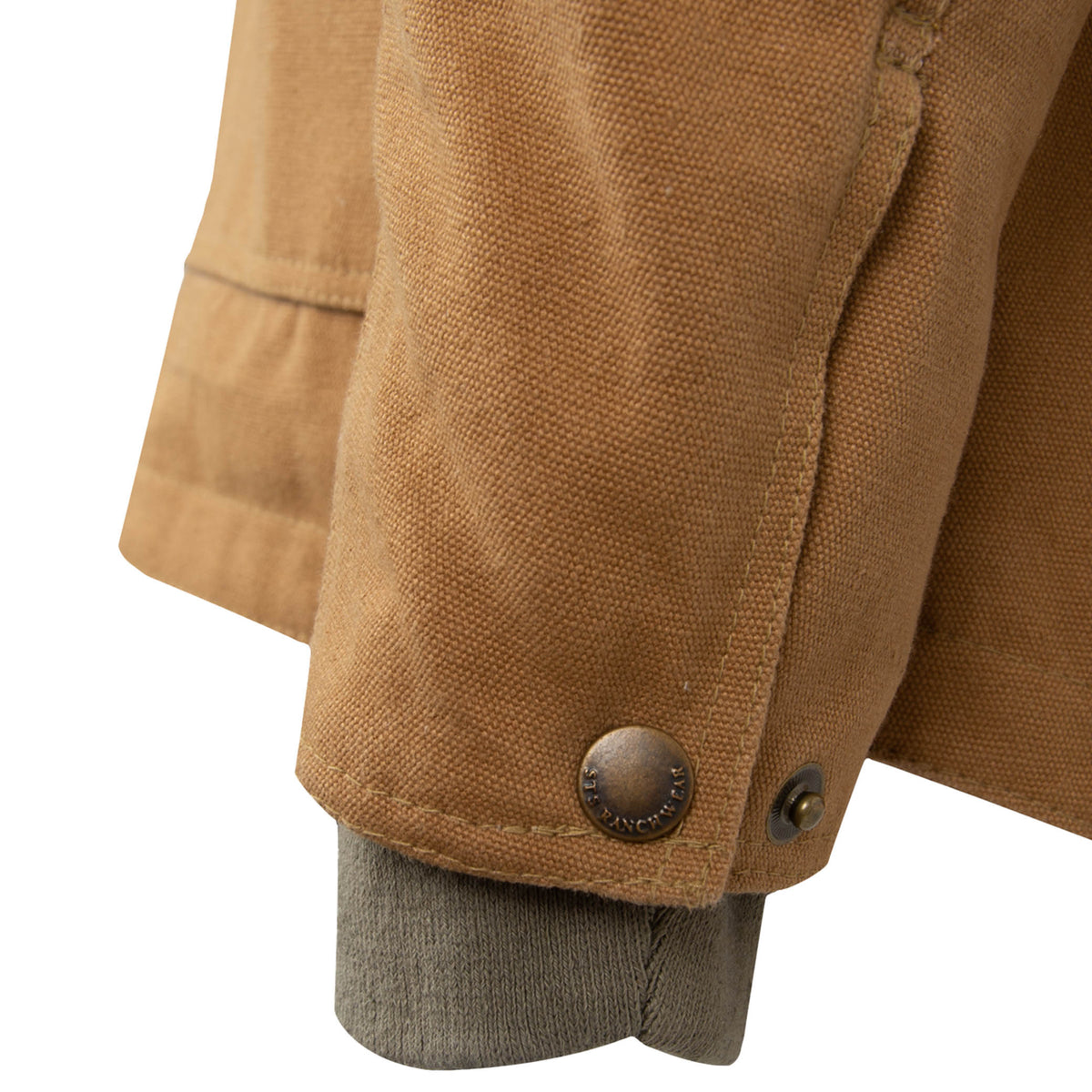 Detail of a beige, men's canvas work jacket snap cuffs.