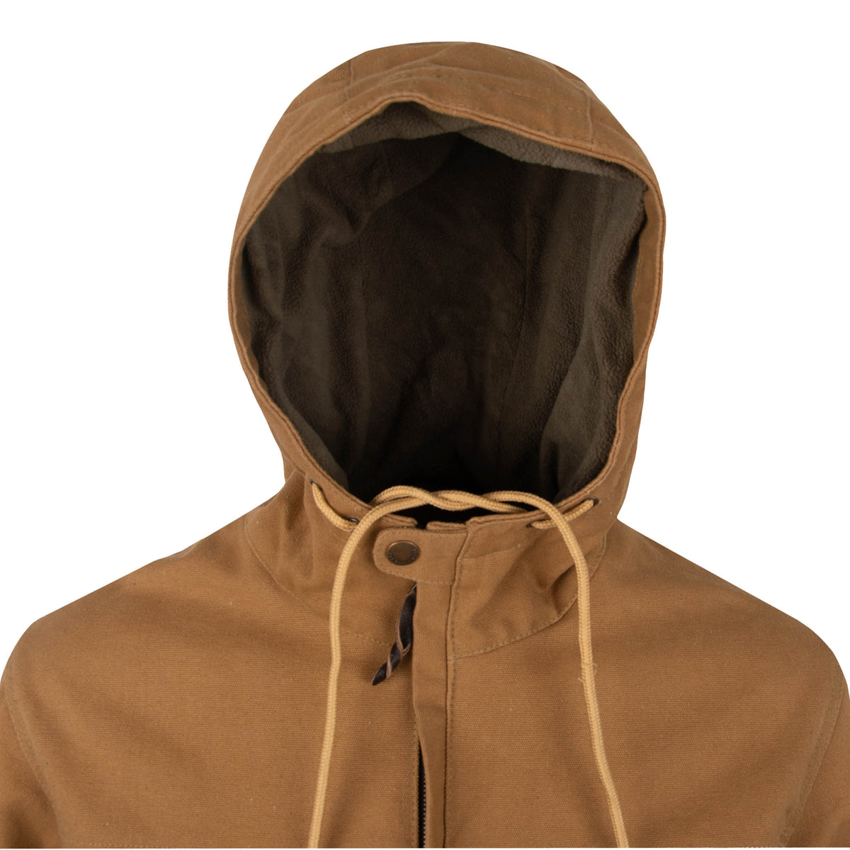 Detail of a beige, fleece-lined hood on men's canvas work jacket.