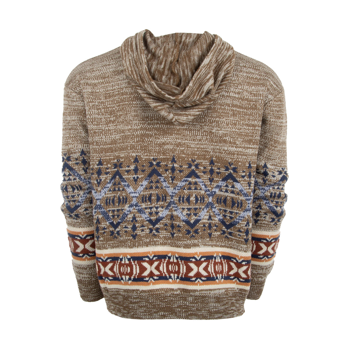 Back of brown hoodie with a patterned design and drawstring hood on a white background.