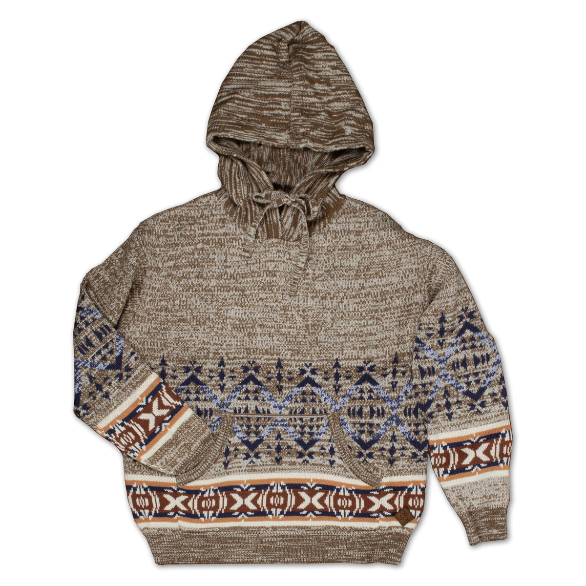 Brown hoodie with a patterned design, drawstring hood and kangaroo pouch on a white background.