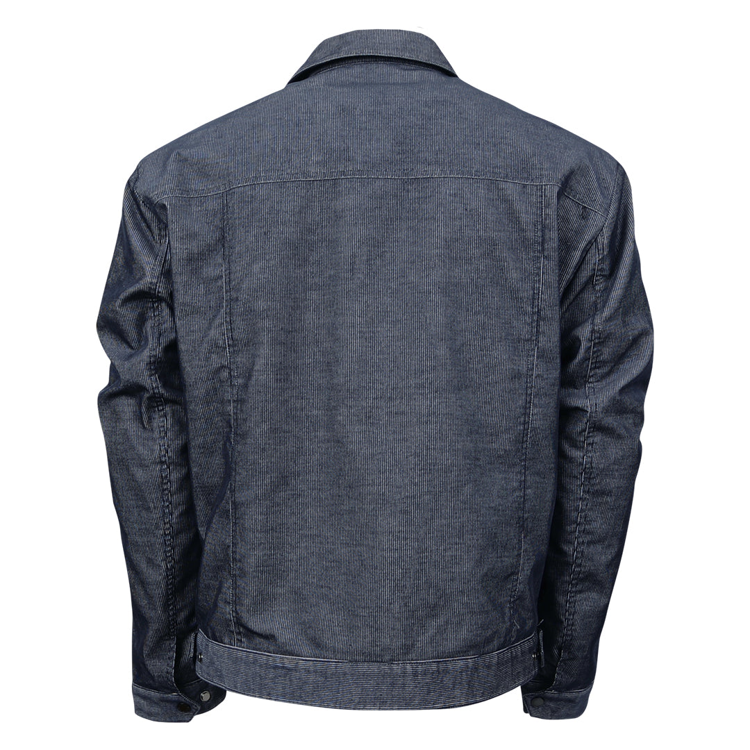 Back of a youth-sized corduroy jacket in blue, featuring snap cuffs on waist and wrists.