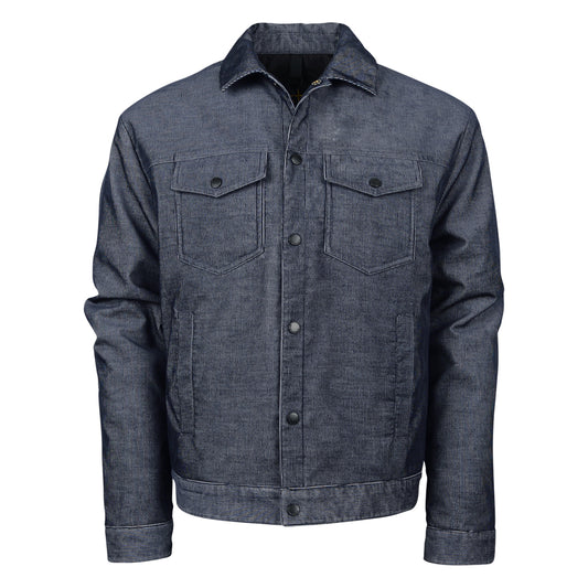 A long-sleeved blue corduroy jacket with snap front closure, four exterior pockets and snap cuffs.