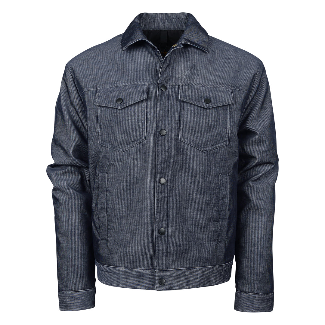 A youth-sized corduroy jacket in blue, featuring a snap front closure, multiple pockets, and snap cuffs.