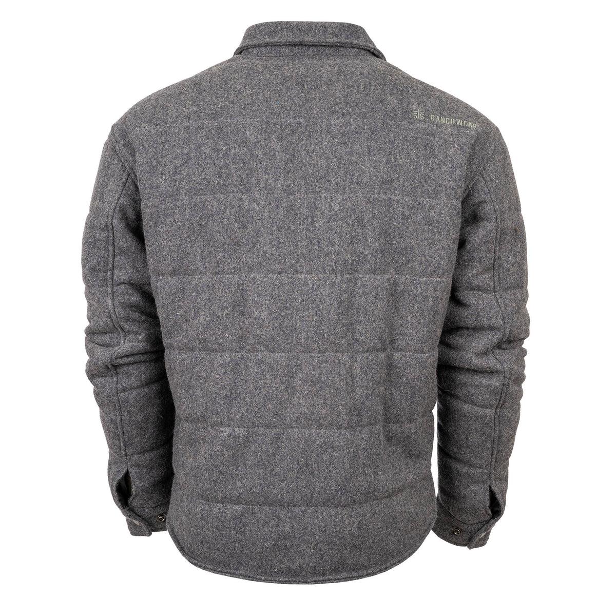 Gray wool jacket with a STS Ranchwear logo on the back and adjustable snap cuffs on wrists against a white background.