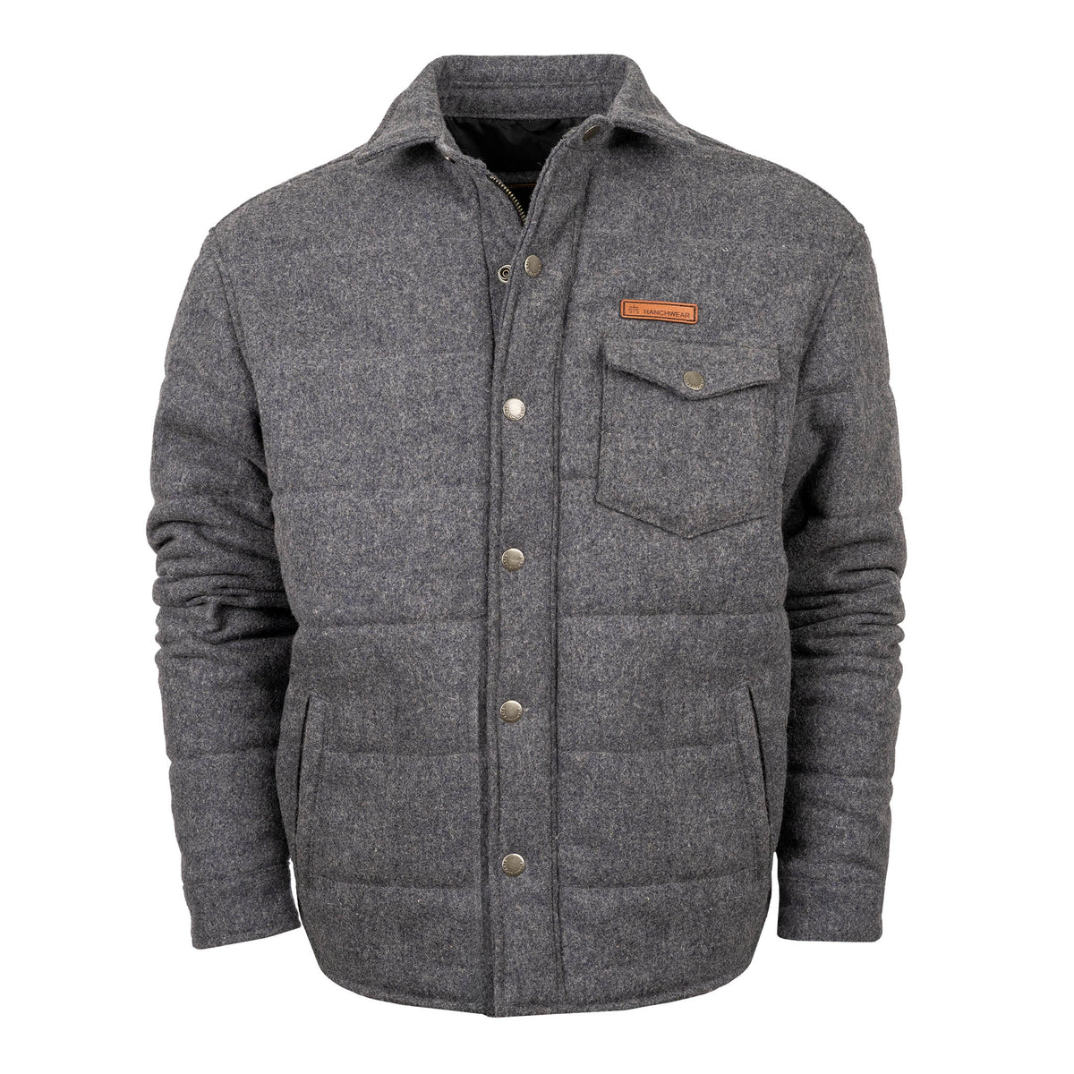 Gray wool jacket with snap closure chest pocket and on a white background.