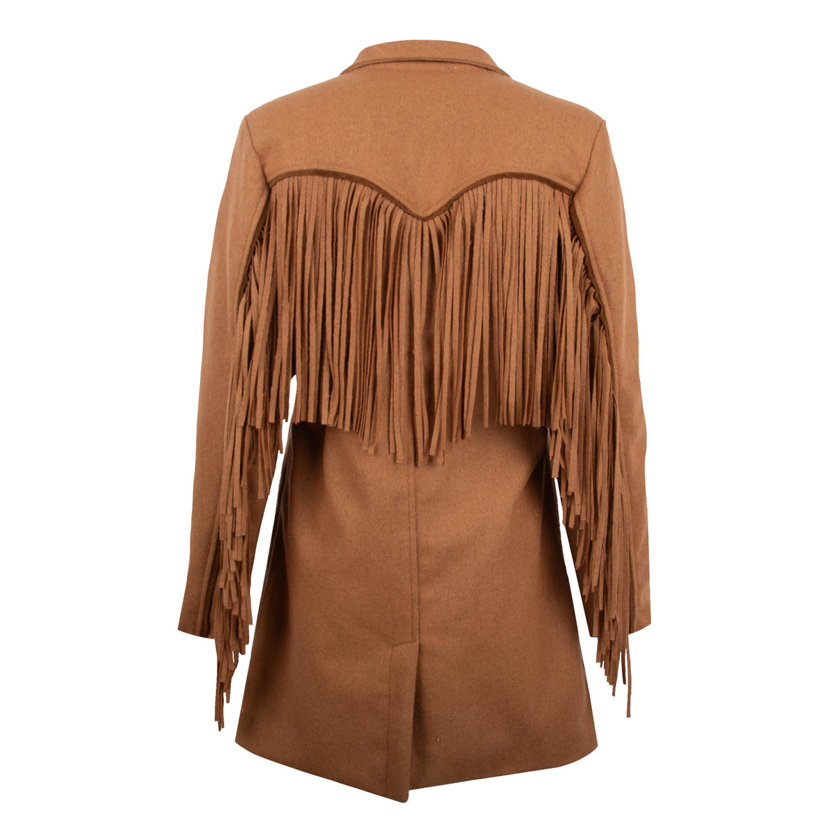 Back of a brown tailored wool overcoat for women with fringe accents on the back western yoke and sleeves.