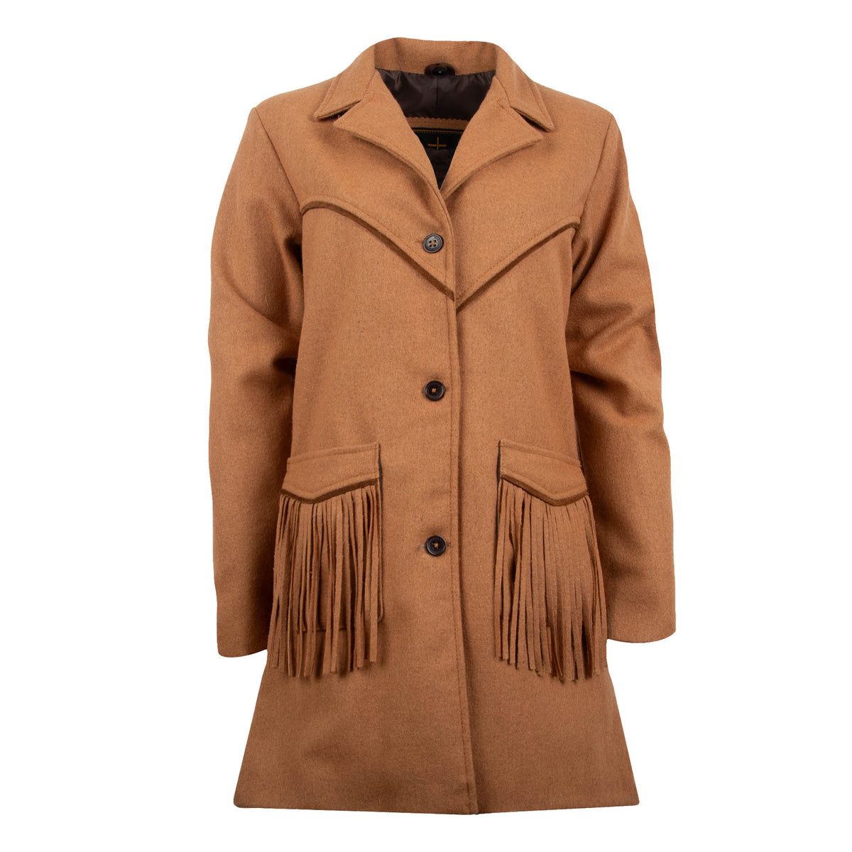 A brown tailored wool overcoat for women with fringe accents on the pockets, featuring leather piping and a button front closure.
