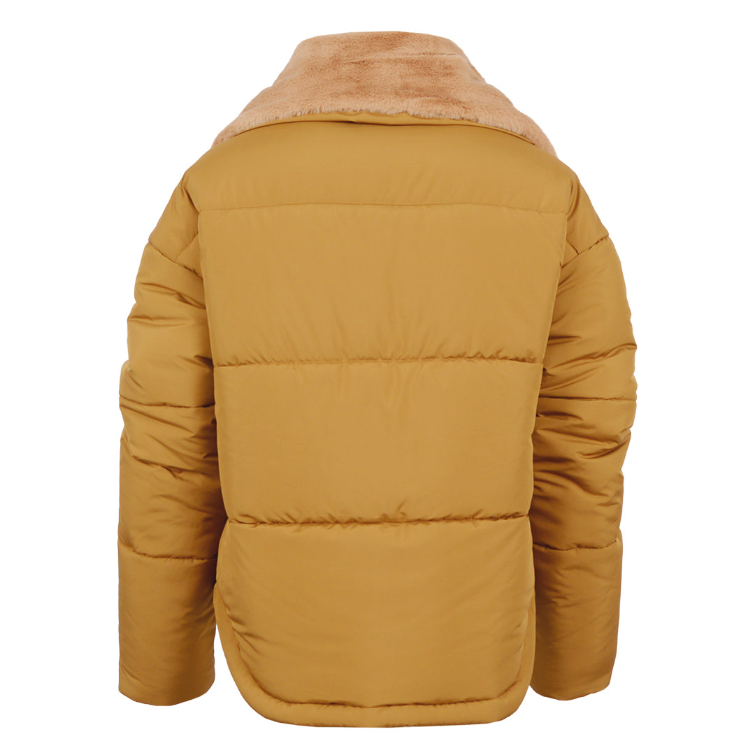 Back of a women's Nova puffy jacket in brown color with a fleece collar displayed on a white background.