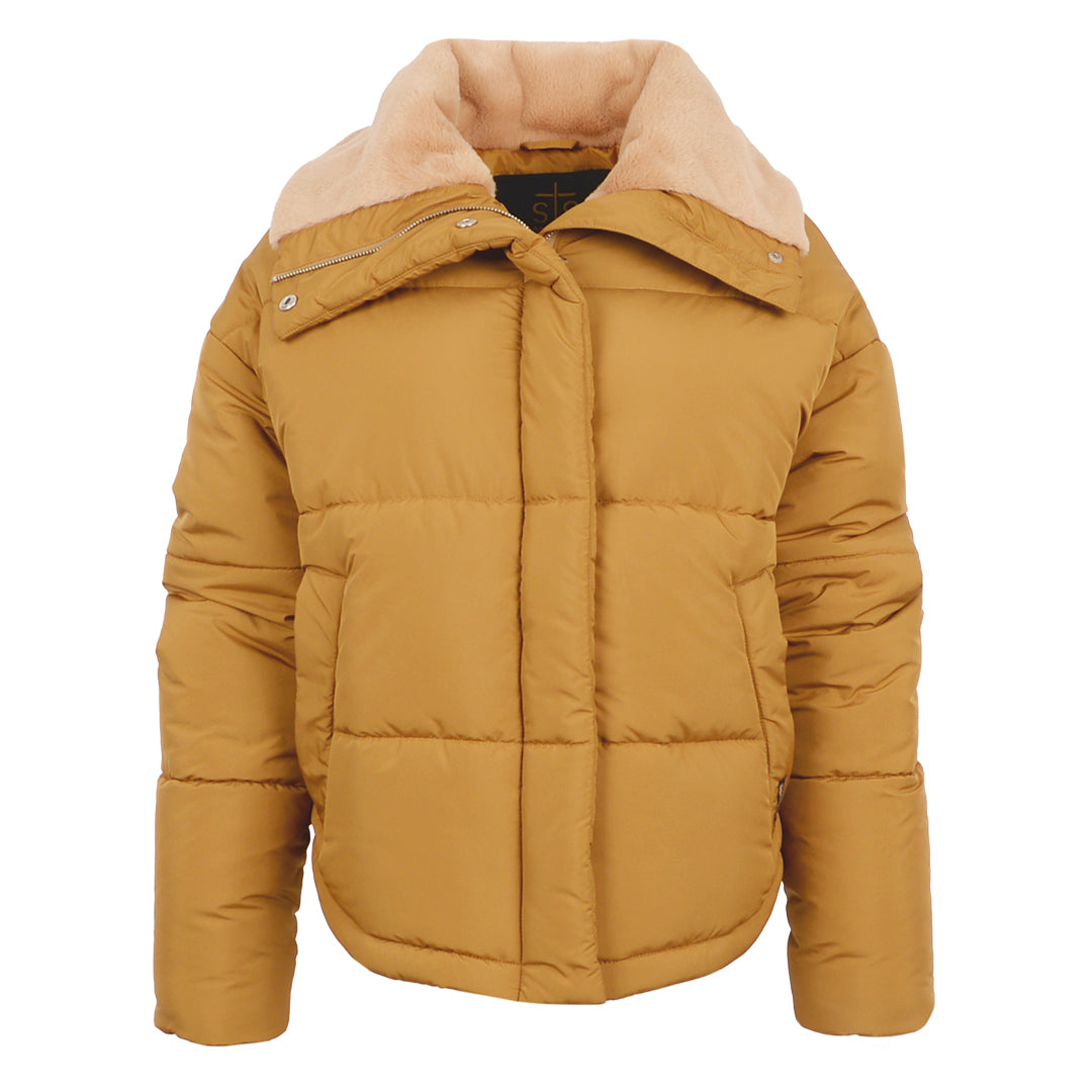 A women's Nova puffy jacket in brown color with a fleece collar, zip and snap front closure and hand warming pockets displayed on a white background.