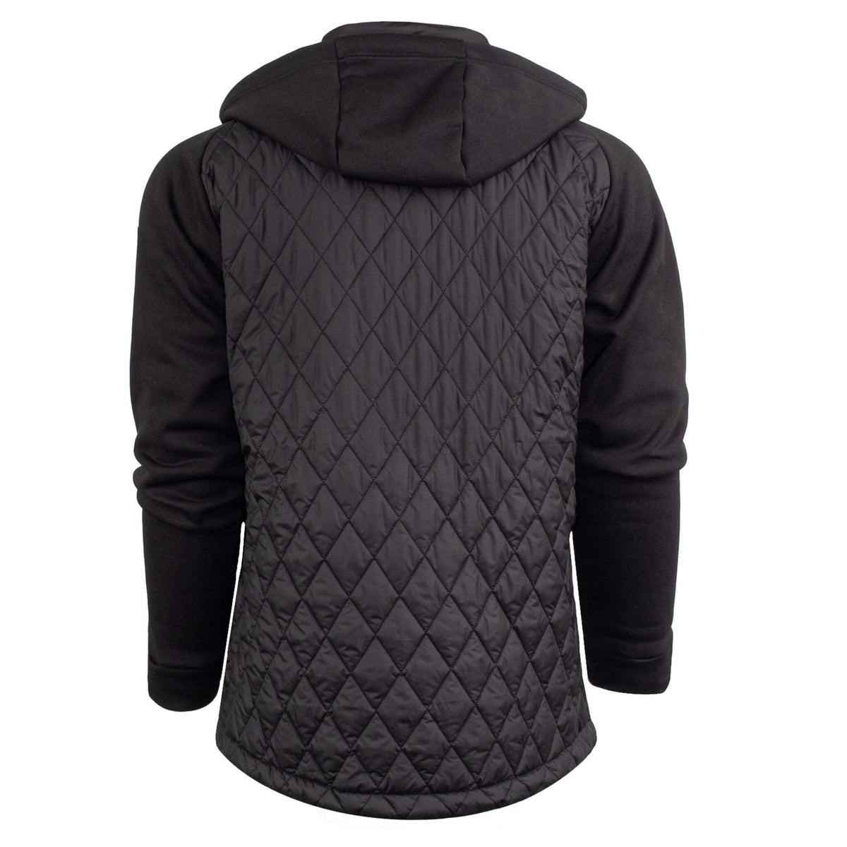 Back of a men's black quilted jacket with a hood and jersey knit sleeves displayed on a white background.