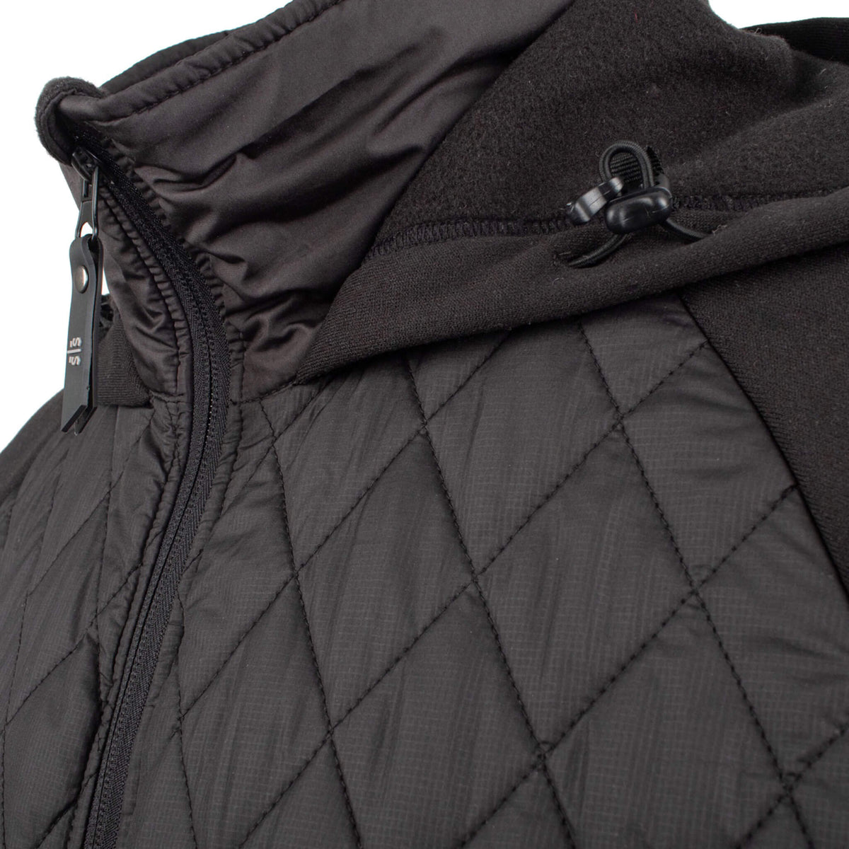 Detail of drawstring hood and zipper on a men's black quilted jacket displayed on a white background.