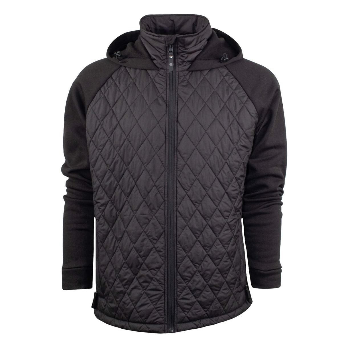 A men's black quilted jacket with a hood, jersey knit sleeves, and zip closure displayed on a white background.