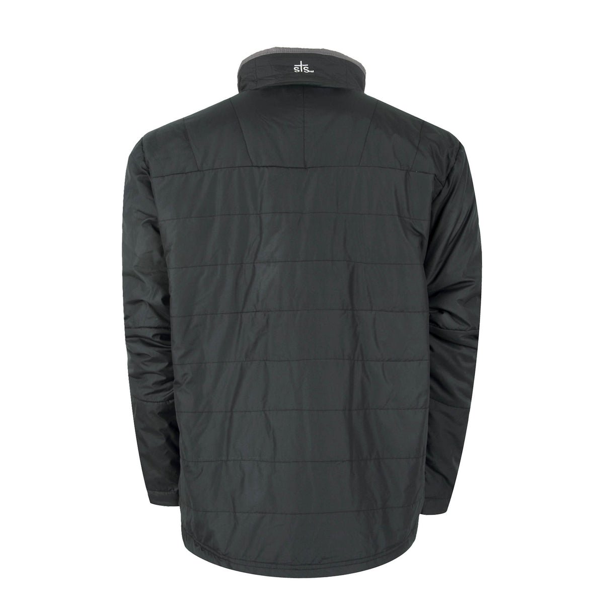 Back of a men's black puffer jacket displayed on a white background.