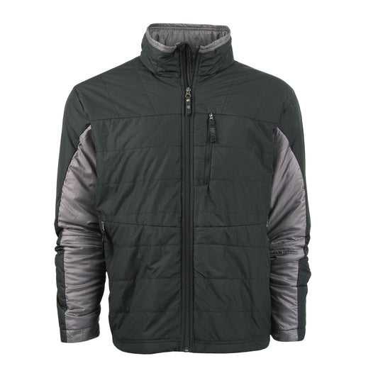 A men's black and gray puffer jacket with a zip front closure and three exterior pockets.