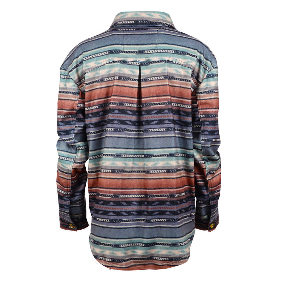 Back of a multicolored striped women's shirt jacket on a white background.