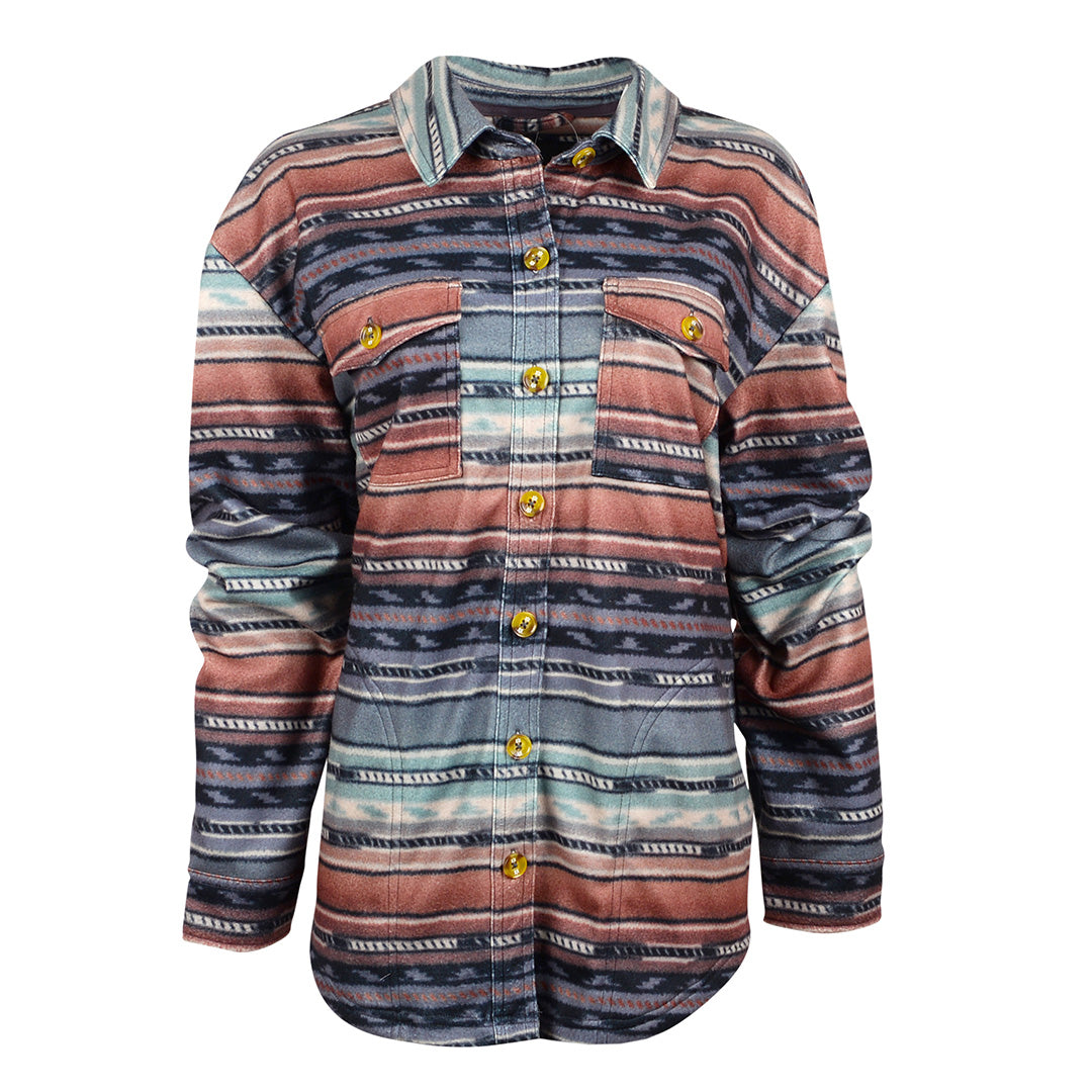 A multicolored striped women's shirt jacket with button front closure and collar, featuring four exterior pockets on a white background.