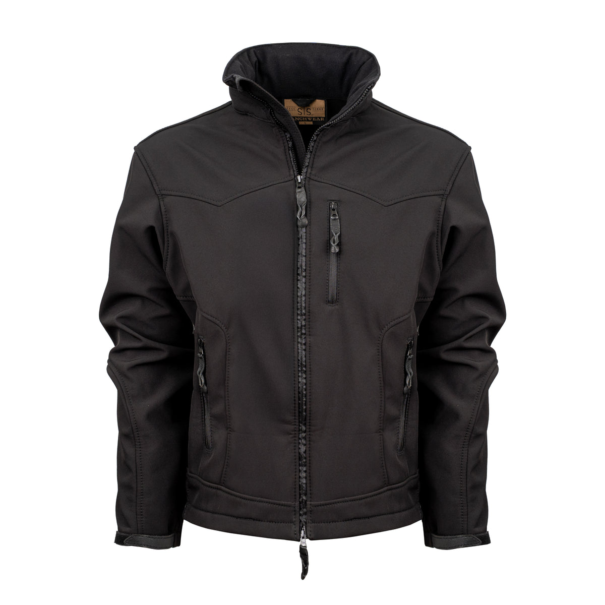 black jacket with western yoke, front chest zip pocket, front zip closure and hand warming pockets on white background
