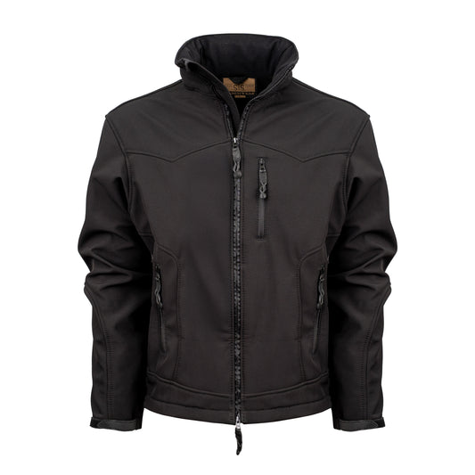 black jacket with western yoke, front chest zip pocket, front zip closure and hand warming pockets on white background