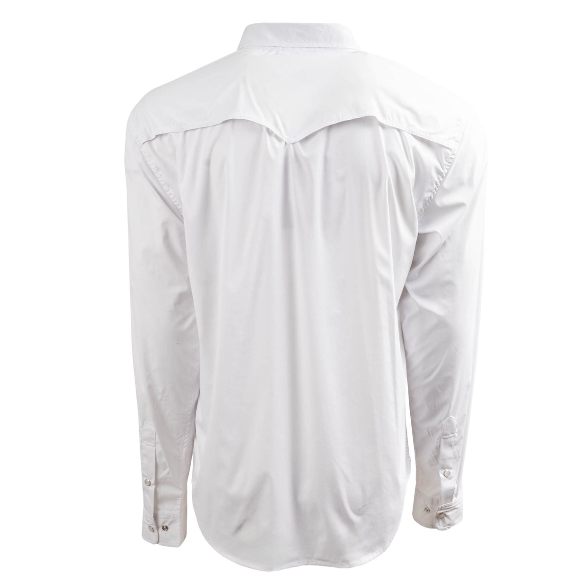 back of our white breathable, lightweight pearl snap front closure long sleeve with two chest pockets on white background