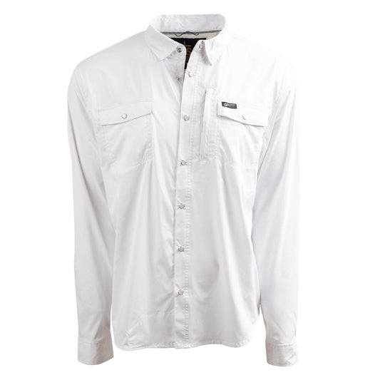 white breathable, lightweight pearl snap front closure long sleeve with two chest pockets on white background